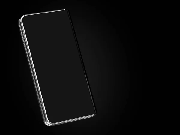 Konzept des zusammenklappbaren Smartphone-Faltens auf der längeren Seite. flexibles Smartphone isoliert auf schwarzem Hintergrund. 3D-Darstellung — Stockfoto