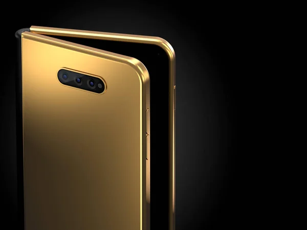 Nahaufnahme des Konzepts des zusammenklappbaren Smartphones auf der längeren Seite. flexibles Smartphone isoliert auf schwarzem Hintergrund. 3D-Darstellung — Stockbild Nahaufnahme des Konzepts des zusammenklappbaren Smartphones auf der längeren Seite. flexibles Smartphone isoliert auf schwarzem Hintergrund. 3D-Darstellung — Stockfoto