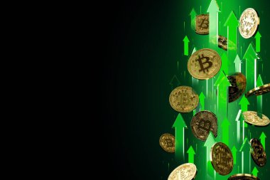 Bitcoin (Btc) fiyatı yükselirken yeşil oklar yükseliyor. Siyah arka planda izole edilmiş, kopya alanı. Kripto para birimi fiyatları kavramı büyür. 3d render