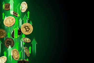Bitcoin (Btc) fiyatı yükselirken yeşil oklar yükseliyor. Siyah arka planda izole edilmiş, kopya alanı. Kripto para birimi fiyatları kavramı büyür. 3d render