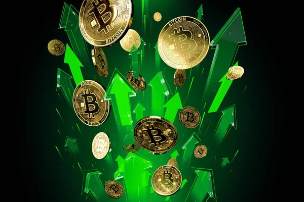 Setas verdes atira com alta velocidade como Bitcoin (BTC) aumentos de preços. Preços criptomoeda crescer, alto risco - conceito de lucros elevados. Renderização 3D — Fotografia de Stock