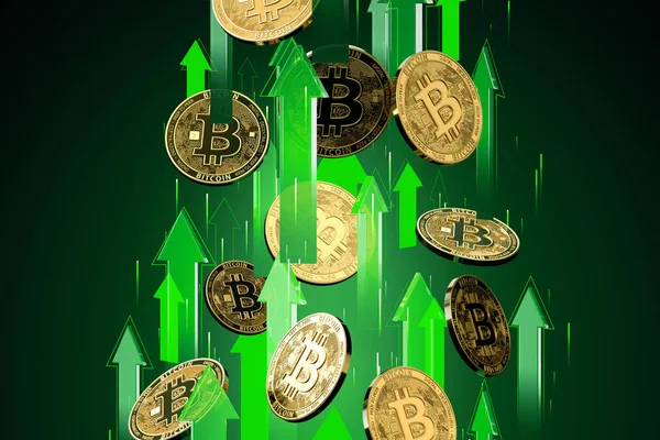 Bitcoin (Btc) fiyatı yükselirken yeşil oklar yüksek hızda yükseliyor. Kripto para birimi fiyatları, yüksek risk - yüksek kar kavramı büyür. 3d render