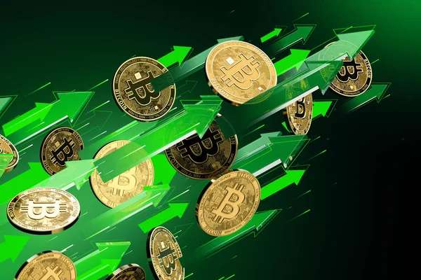 緑色の矢印は、ビットコイン(Btc)価格が上昇するにつれてポイントアップします。暗号通貨の価格は成長し、高リスク - 高収益コンセプト。3D レンダリング — ストック写真