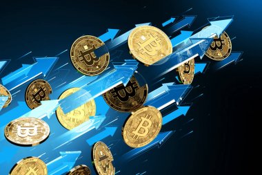 Bitcoin (Btc) fiyatı yükselirken mavi oklar yükseliyor. Kripto para birimi fiyatları, yüksek risk - yüksek kar kavramı büyür. 3d render