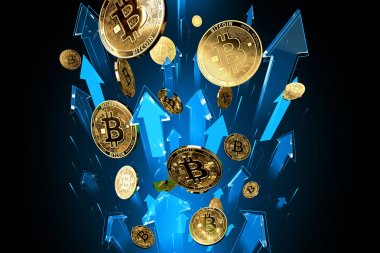 Bitcoin (Btc) fiyatı yükselirken mavi oklar yüksek hızda yükseliyor. Kripto para birimi fiyatları, yüksek risk - yüksek kar kavramı büyür. 3d render