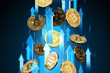 Bitcoin (Btc) fiyatı yükselirken mavi oklar yüksek hızda yükseliyor. Kripto para birimi fiyatları, yüksek risk - yüksek kar kavramı büyür. 3d render