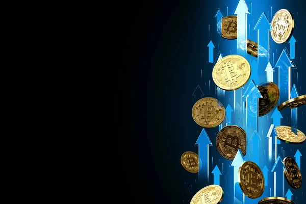 Setas azuis apontando para cima como Bitcoin (BTC) aumentos de preços. Isolado em fundo preto, espaço de cópia. Criptomoeda preços crescer conceito. Renderização 3D — Fotografia de Stock