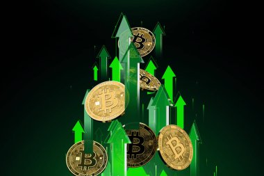 Bitcoin (Btc) fiyatı yükselirken yeşil oklar yüksek hızda yükseliyor. Kripto para birimi fiyatları, yüksek risk - yüksek kar kavramı büyür. 3d render
