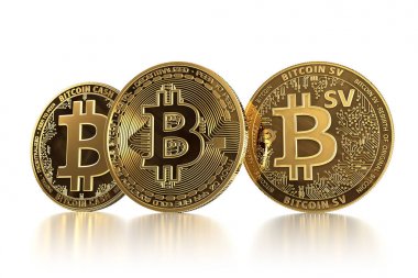 Three different Bitcoin coins after forks. Bitcoin (BTC) facing Bitcoin Cash (BCH) and Bitcoin Satoshi Vision (BSV) concept. 3D illustration clipart