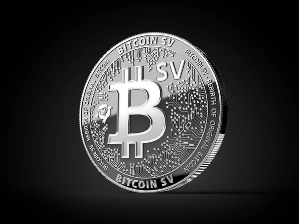 Silver Bitcoin Satoshi Vision (Bitcoin SV ou BSV) criptomoeda moeda conceito físico moeda isolada em fundo preto. Renderização 3D — Fotografia de Stock