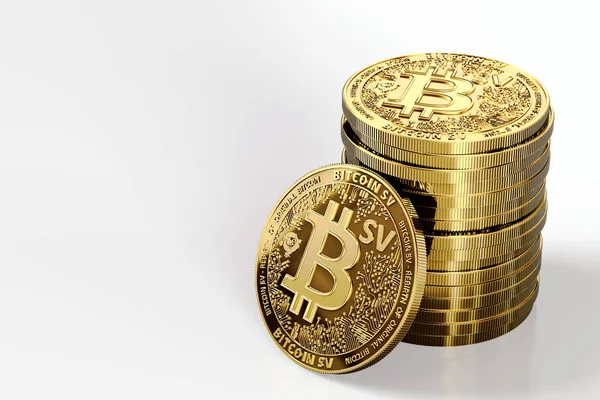 Montón de Bitcoin Satoshi Visión (Bitcoin SV o BSV) criptomoneda aislada sobre fondo blanco. Moneda conceptual. Renderizado 3D — Foto de Stock