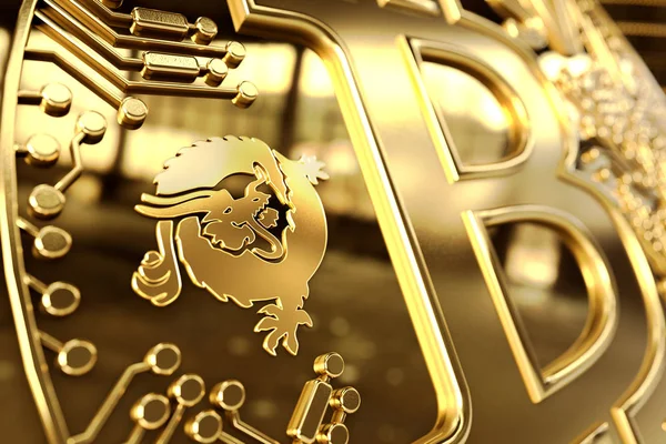 Close-up tiro no logotipo do dragão em Bitcoin conceitual Satoshi Vision moeda (Bitcoin SV ou BSV). Renderização 3D — Fotografia de Stock