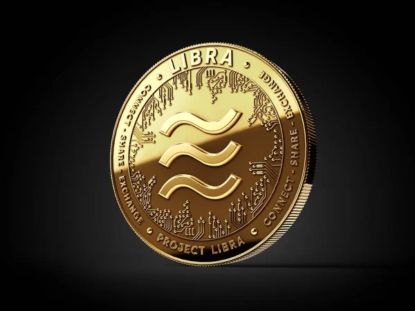 Golden Libra cryptocurrency concept coin isolated on black background. Project Libra conceptual design. 3D rendering — Stock Photo, Image