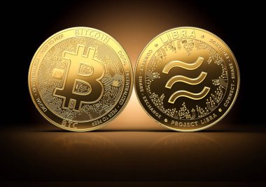 Bitcoin ve Terazi hafifçe aydınlatılmış karanlık bir arka plan üzerinde liderlik için savaşır. Rakip kripto para birimleri kavramı.3d render