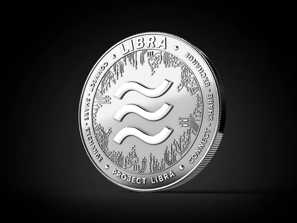 Silver Libra cryptocurrency concept coin isolated on black background. Project Libra conceptual design. 3D rendering — Stock Photo, Image