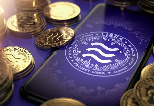 Libra concept coin design on-screen and laying golden Libra concept coins. Libra cryptocurrency in everyday use concept. 3D rendering — Stock Photo, Image