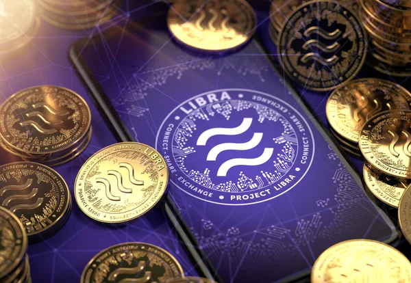 Smartphone with Libra concept coin design on-screen among piles of golden concept coins. Libra as valuable asset concept. 3D rendering — Stock Photo, Image