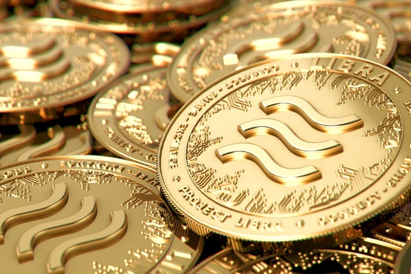 ぼやけたクローズアップで黄金の天秤座の暗号通貨の概念コインのスタック。3D レンダリング — ストック写真