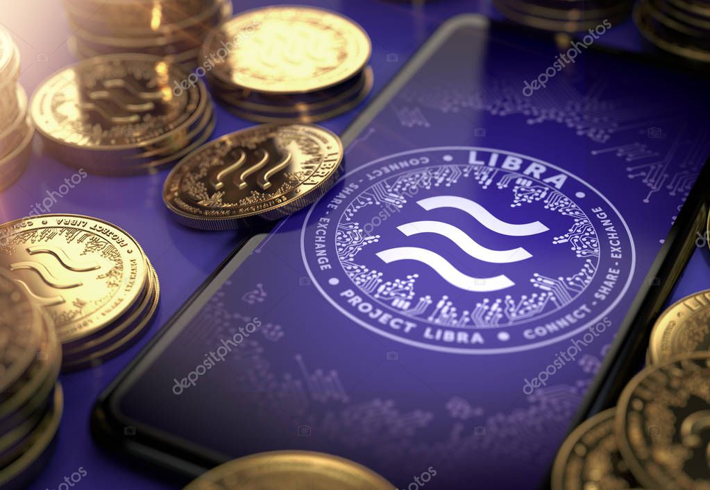 Libra concept coin design on-screen and laying golden Libra concept coins. Libra cryptocurrency in everyday use concept. 3D rendering