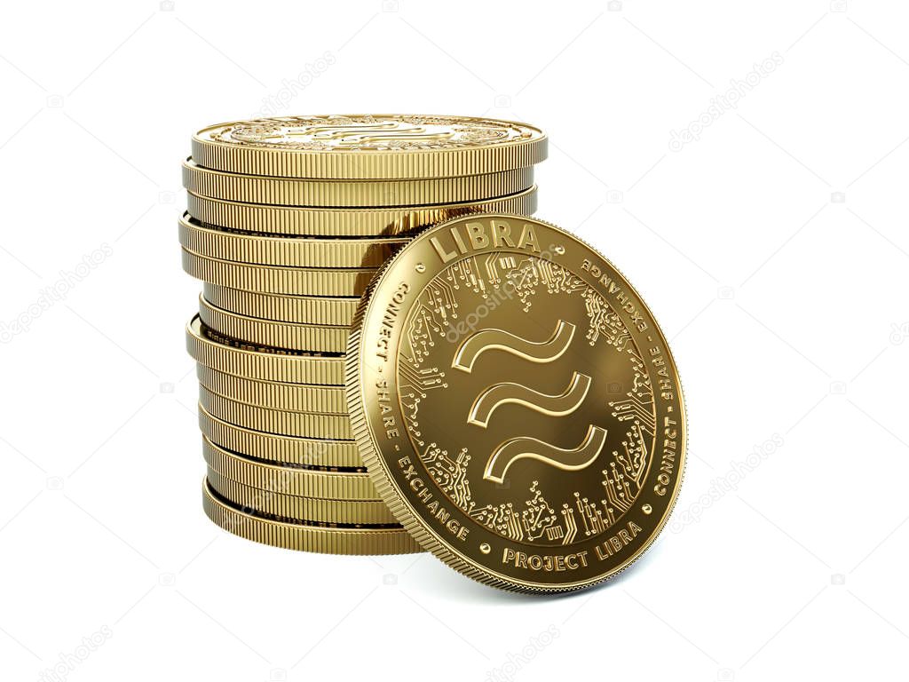 Pile of Libra cryptocurrency with one coin facing towards. Isolated on white background. Concept coins. 3D rendering