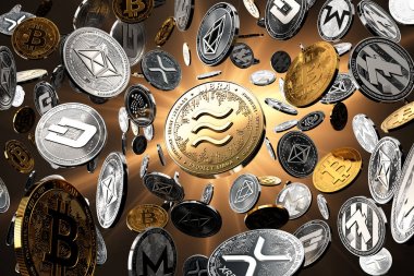 Muhtemelen yeni en popüler kripto para birimi olarak merkezinde Terazi kavramı sikke ile Uçan altcoins. Altın starburst arka plan - 3d render