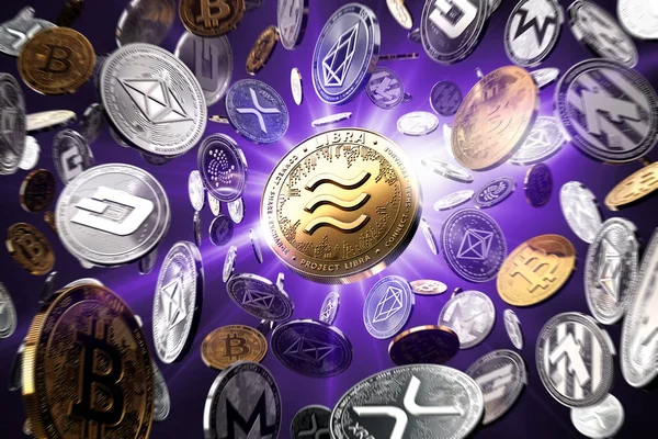 Ιπτάμενα νομίσματα με τη ζυγό concept Coin στο κέντρο ως πιθανώς νέο το πιο δημοφιλές κρυπτονόμισμα. Βιολέτα αστέρι φόντο-3D απόδοση — Φωτογραφία Αρχείου