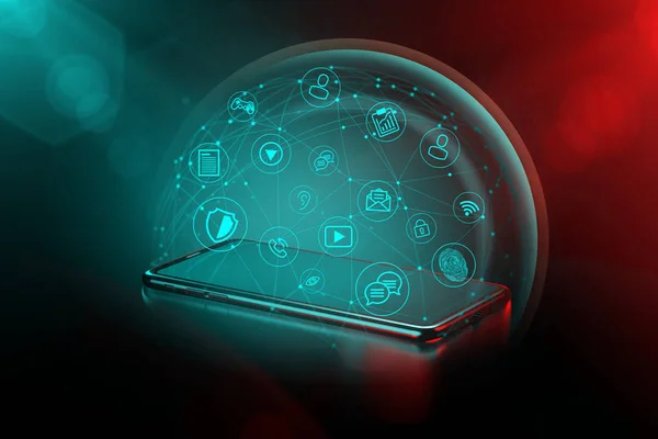 Smartphone umgeben von Kraftfeld als Metapher für Datenschutz. Cyber-Sicherheitskonzept. 3D-Darstellung — Stockfoto