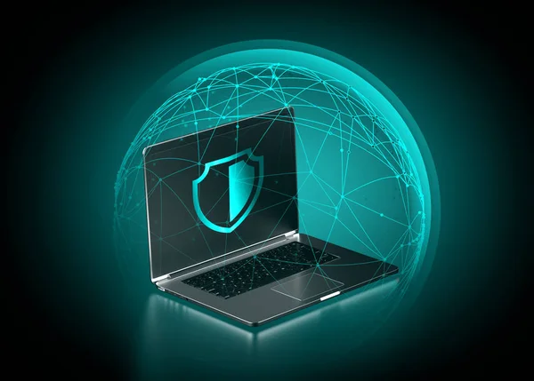 Dados protegidos com campo de força azul como escudo em torno do computador portátil. Conceito de segurança cibernética. Renderização 3D — Fotografia de Stock