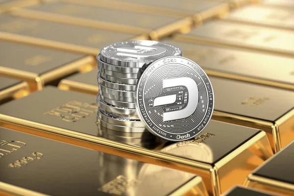 Bindestrich-Münzen (mit aktualisiertem Logo für 2019) liegen auf gestapelten Goldmünzen. — Stockfoto