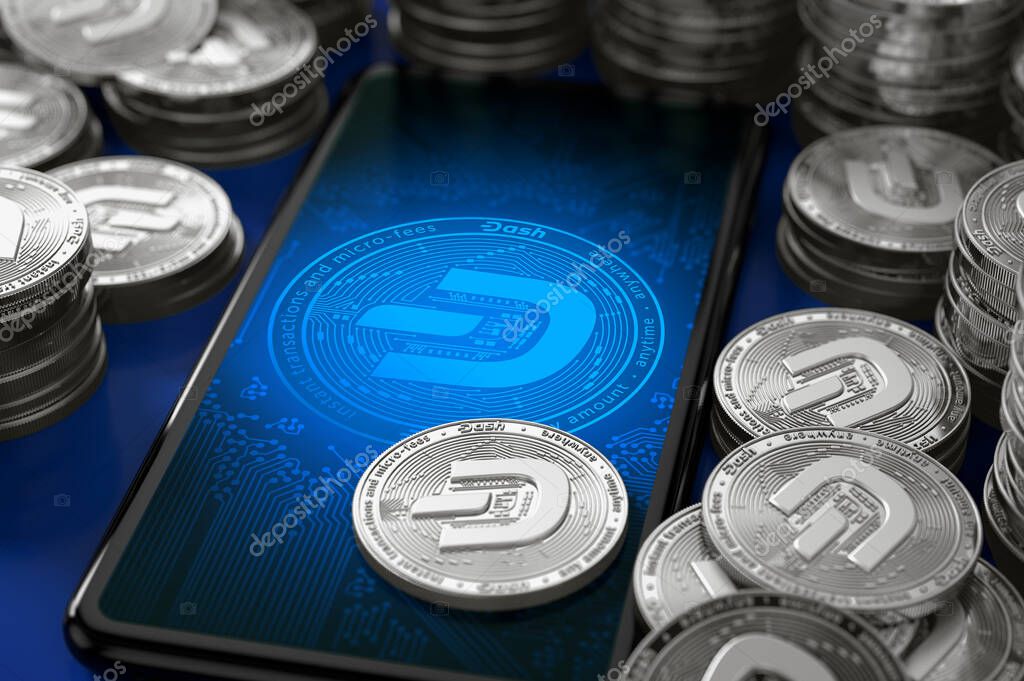 Smartphone with Dash coin icon (2019 updated logo) on-screen among piles of silver Dash coins. 3D rendering