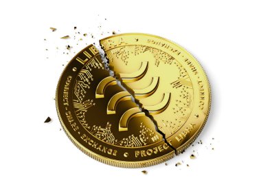 Kırık ya da kırık bir Terazi madeni parası beyaz arka planda izole bir şekilde duruyor. Libra 'nın başı dertte. Yatırımcılar tarafından terk edilmiş. 3d oluşturma