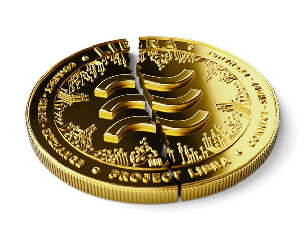 Cracked Libra concept coin is laying isolated on white background. Investors are pulling back out of Libra project concept. 3D rendering — Stock Photo, Image