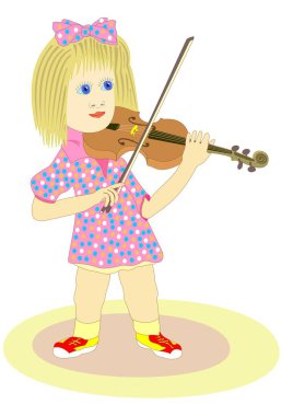 Keman, bir çizgi film karakteri oynayan bir pembe noktalı elbise giymiş küçük bir kız