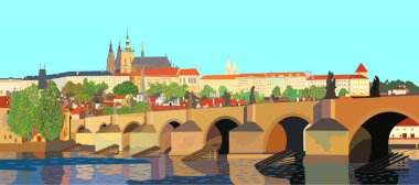 Prag Charles Köprüsü ve Prag Kalesi'ne ile stilize Katedrali ve Vltava Nehri, bir panorama görünüm
