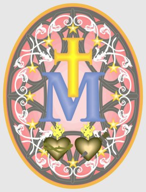 Our Lady, mucizevi Madalyası monogram M aşağıda çapraz, yıldız ve süs eşyaları ile çevrili