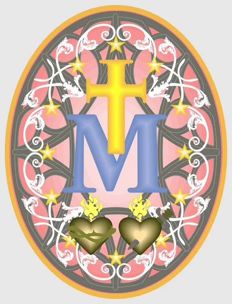 Our Lady Mucizevi Madalyası Monogram Aşağıda Çapraz Yıldız Süs Eşyaları — Stok Vektör