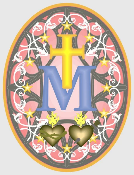 Чудесного Медаллю Божої Матері Monogram Нижче Хреста Оточений Зірок Прикраси Векторна Графіка