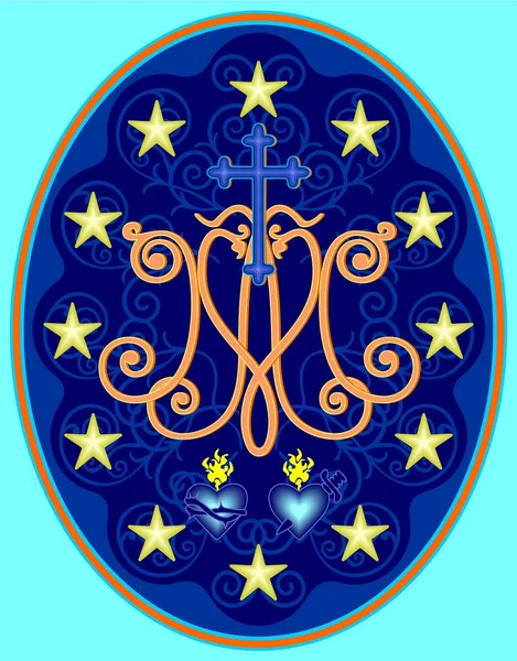 Чудове Медаллю Божої Матері Monogram Символікою Серця Оточений Зірочок Стокова Ілюстрація