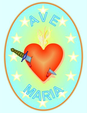 Meryem'in Tertemiz Kalbi ile Madalyon, kılıç ile delinmiş, alevler ile, yıldız ve yazıt Ave Maria çevrili