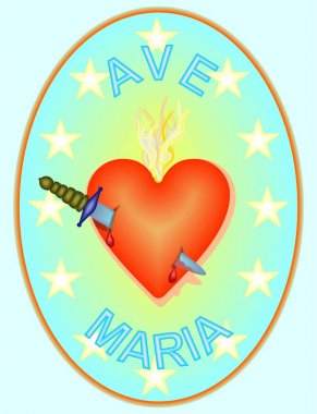 Medallion with the Immaculate Heart of Mary, pierced with sword, with flames, surrounded by stars and the inscription Ave Maria clipart