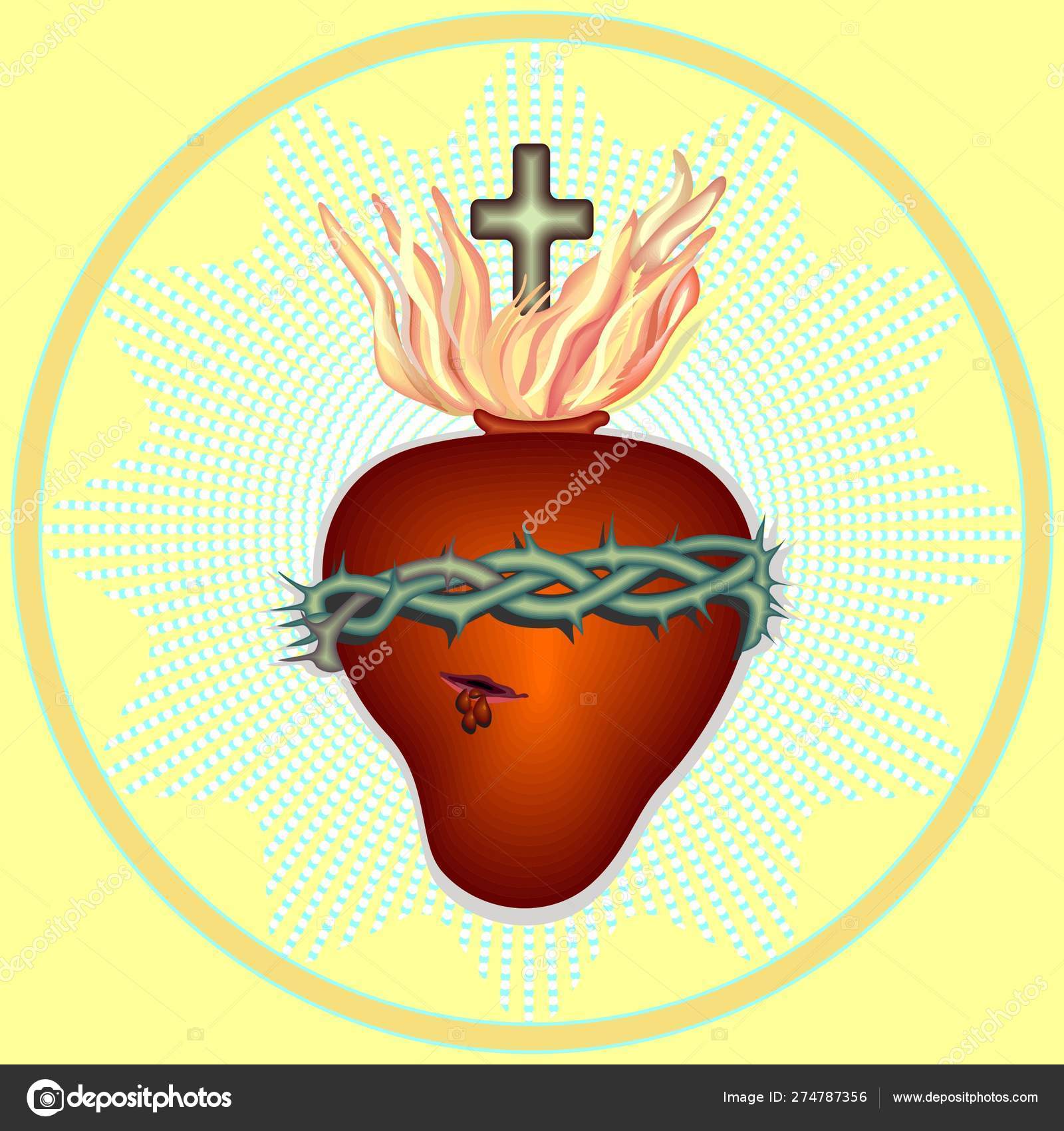 Sacred Heart Jesus Symbol Heart Wound Thorns Emerging Flames Cross ⬇