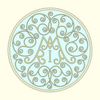 Mariogram-Mary bir monogram-barok volutes ve girdaplar, bir clipart ile çevrili