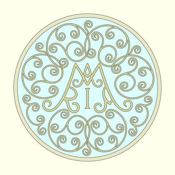Мариограмма - монограмма Марии в окружении волутов и завихрений барокко, клипарт
