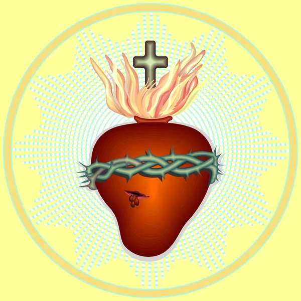 Sagrado Corazón Jesús Símbolo Herida Del Corazón Alrededor Con Espinas — Vector de stock