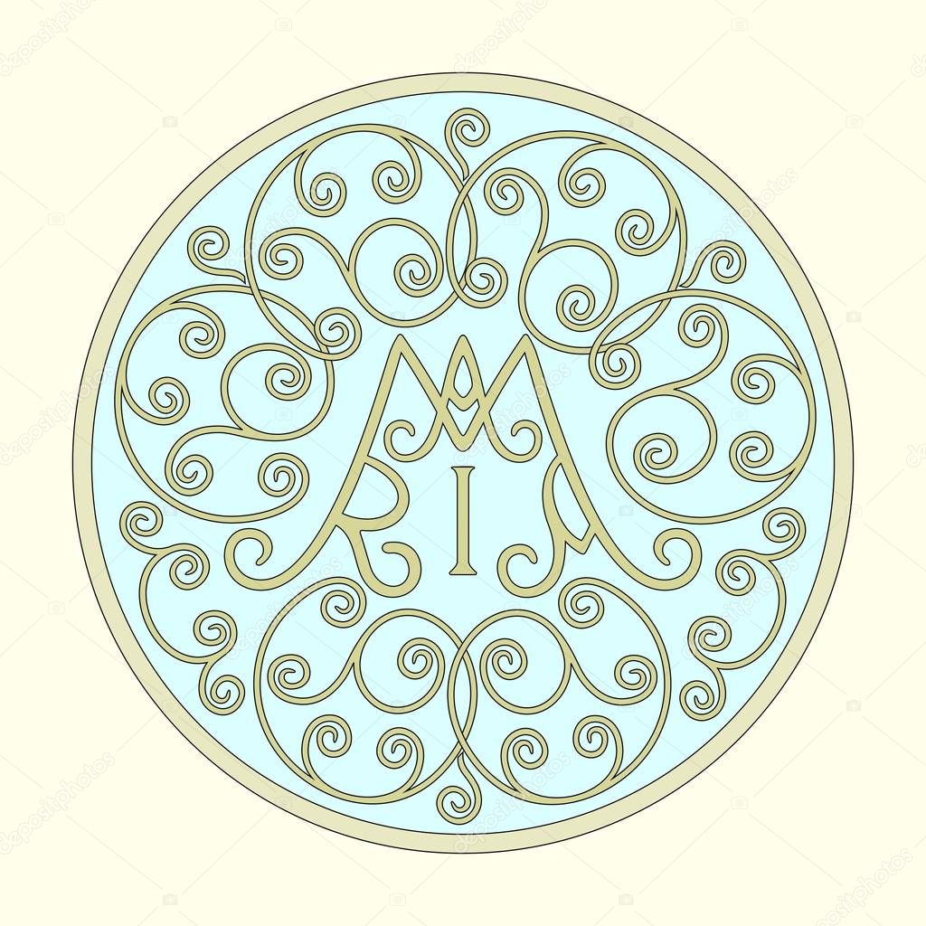 Mariogram-a monogram of Mary-surrounded by baroque volutes and swirls, a clipart