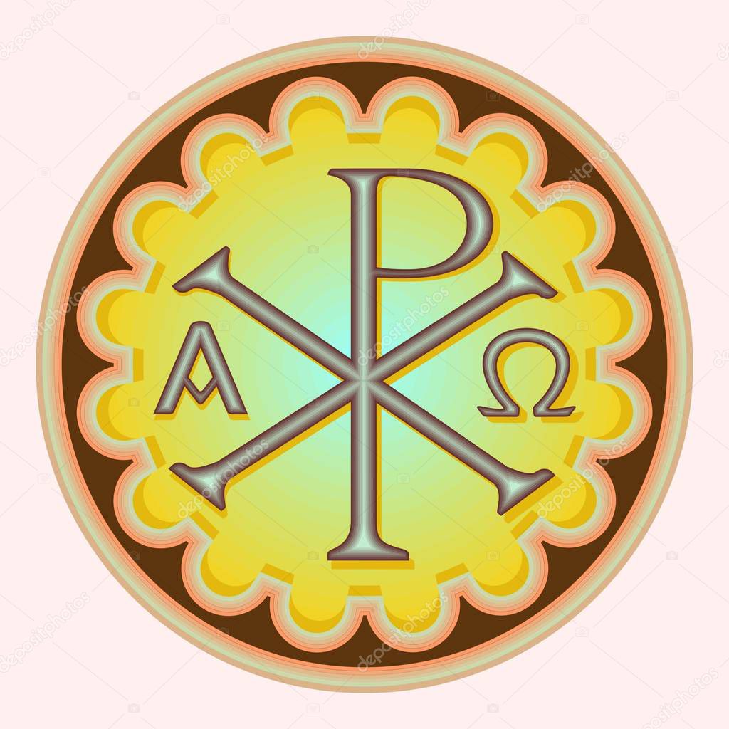 Christogram XP with letters Alpha and Omega, an ancient monogram of Jesus Christ, in a round frame