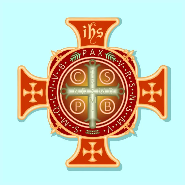 圣本尼迪克特古老的十字架 其首字母为古拉丁文祈祷词 — 图库矢量图片