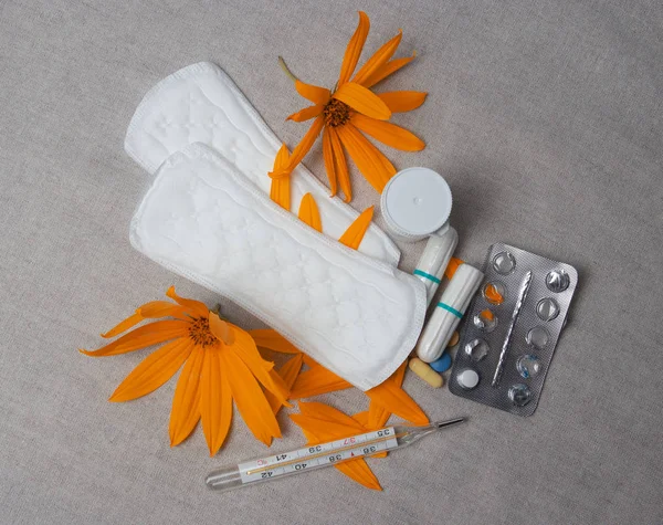 Günlük defteri ve tampon, kritik gün, medikal termometre ve tabletler, çiçek dekorasyon için.