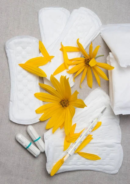 Günlük ped ve tampon, kritik gün, kadın hijyen ve Hayız kavramı döngüsü, sarı çiçek dekorasyon için.