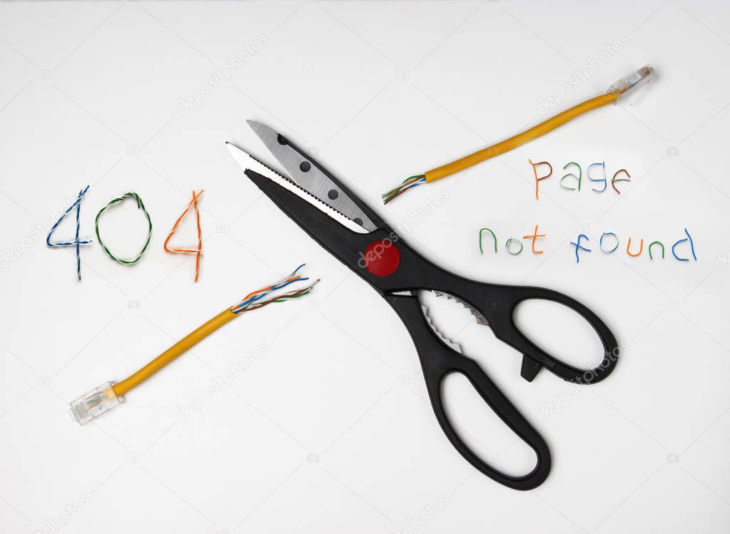 Page not found, server error 404, scissors and twisted pair.